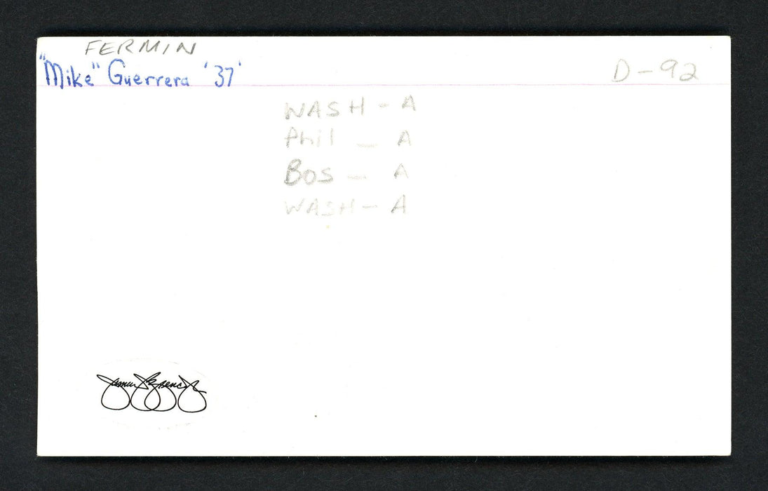 Fermin Mike Guerra Autographed 3x5 Index Card Philadelphia A's, Washington Senators JSA SOA SKU #111172 - RSA
