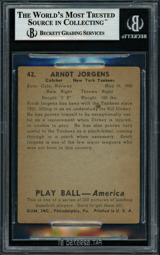 Arndt "Art" Jorgens Autographed 1939 Playball Card #42 New York Yankees Beckett BAS #11317429 - RSA