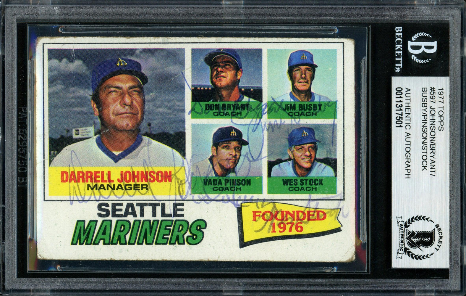 Darrell Johnson, Vada Pinson, Don Bryant, Jim Busby & Wes Stock Autographed 1977 Topps Card #597 Seattle Mariners Beckett BAS #11317501 - RSA