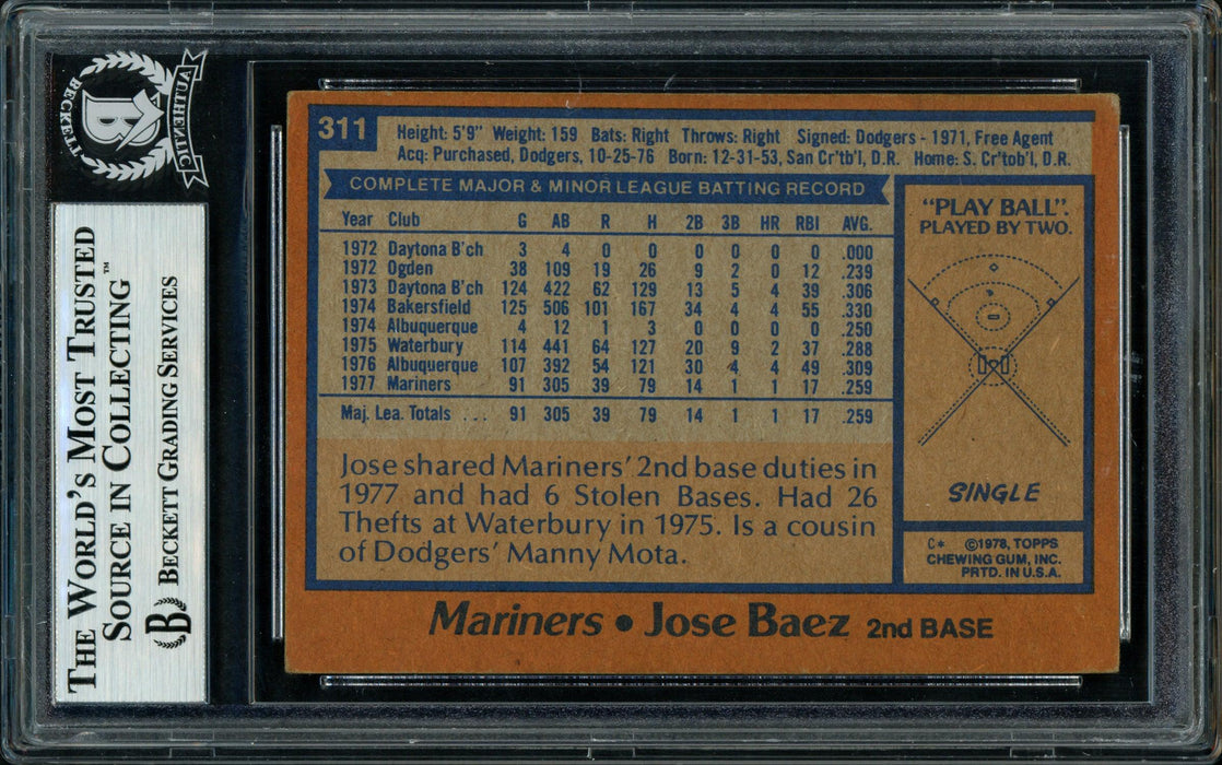 Jose Baez Autographed 1978 Topps Rookie Card #311 Seattle Mariners Beckett BAS #11317520 - RSA