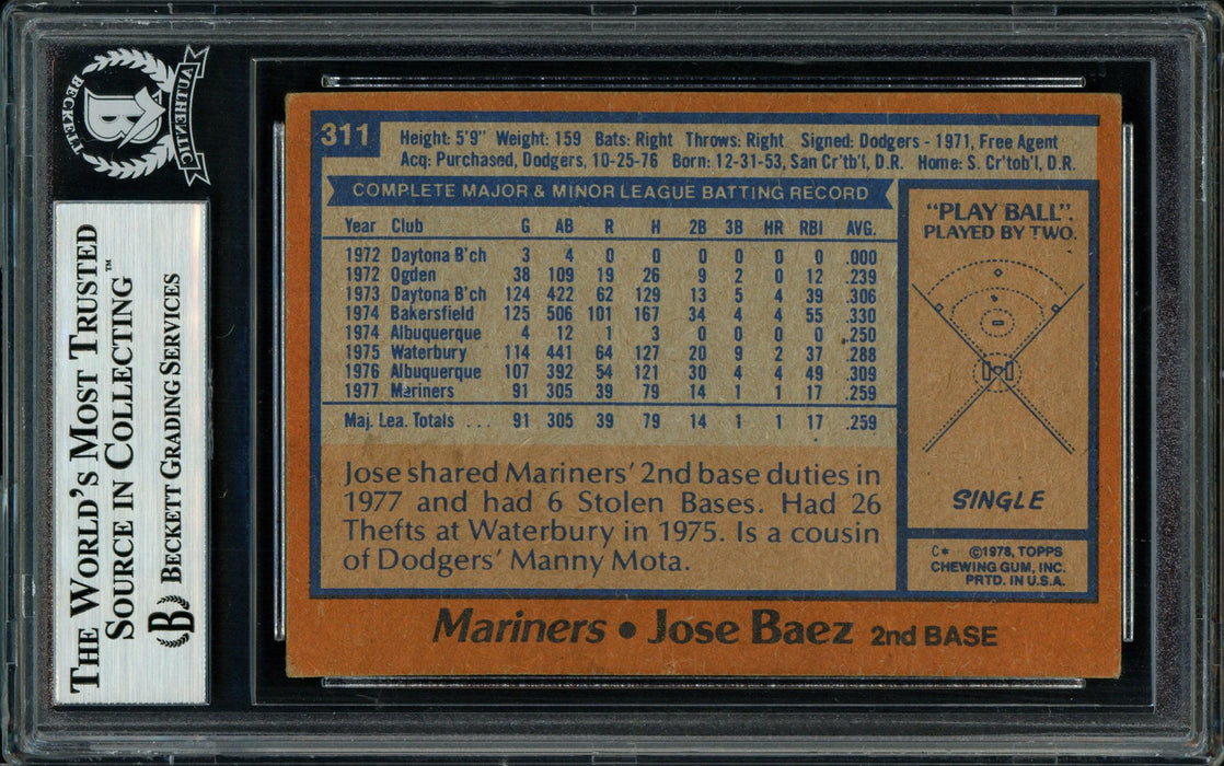 Jose Baez Autographed 1978 Topps Rookie Card #311 Seattle Mariners Beckett BAS #11317523 - RSA