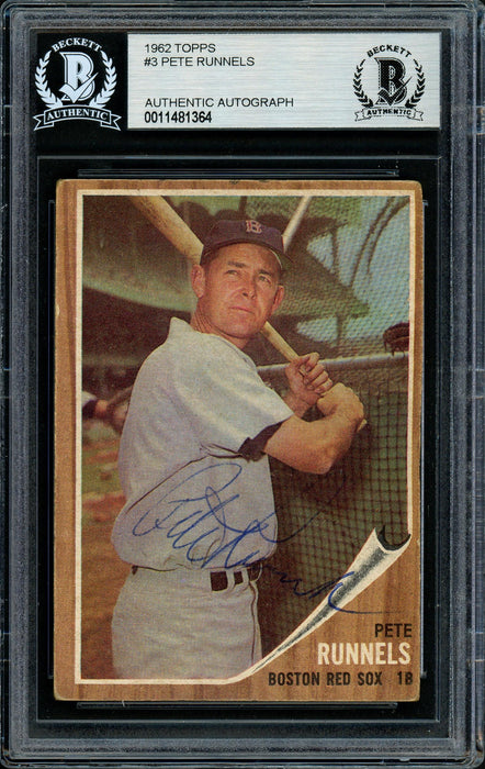 Pete Runnels Autographed 1962 Topps Card #3 Boston Red Sox Beckett BAS #11481364 - RSA