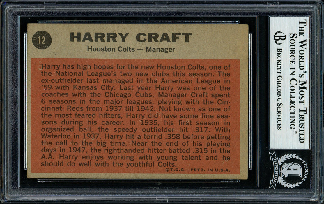 Harry Craft Autographed 1962 Topps Card #12 Houston Colt .45's Beckett BAS #11481367 - RSA