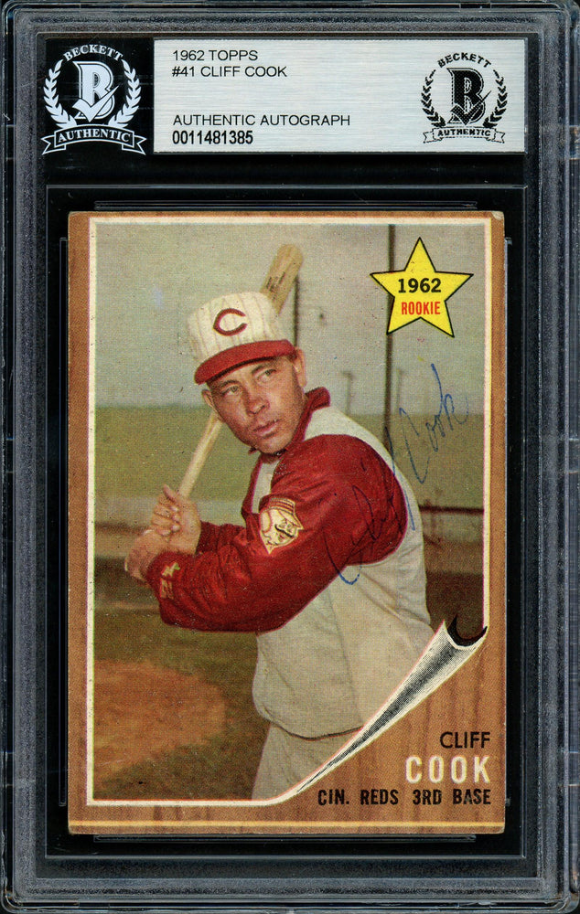Cliff Cook Autographed 1962 Topps Rookie Card #41 Cincinnati Reds Beckett BAS #11481385 - RSA