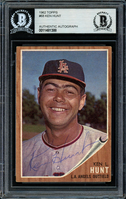 Ken Hunt Autographed 1962 Topps Card #68 Los Angeles Angels Beckett BAS #11481388 - RSA