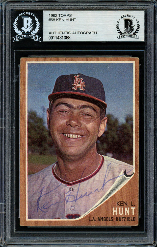 Ken Hunt Autographed 1962 Topps Card #68 Los Angeles Angels Beckett BAS #11481388 - RSA