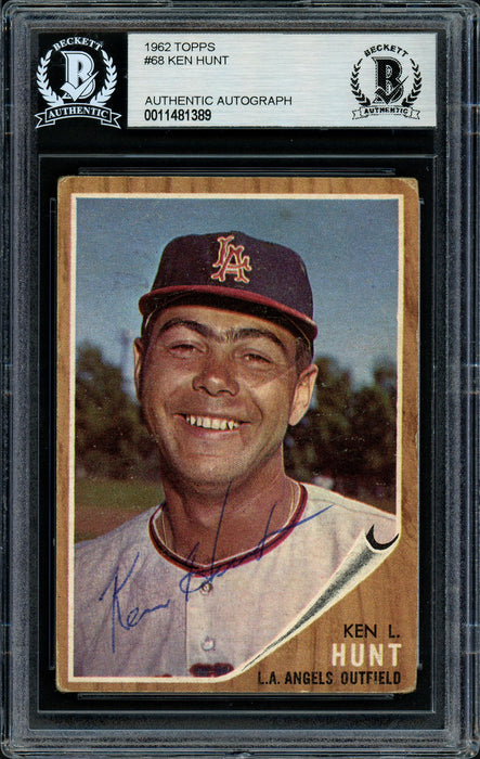 Ken Hunt Autographed 1962 Topps Card #68 Los Angeles Angels Beckett BAS #11481389 - RSA