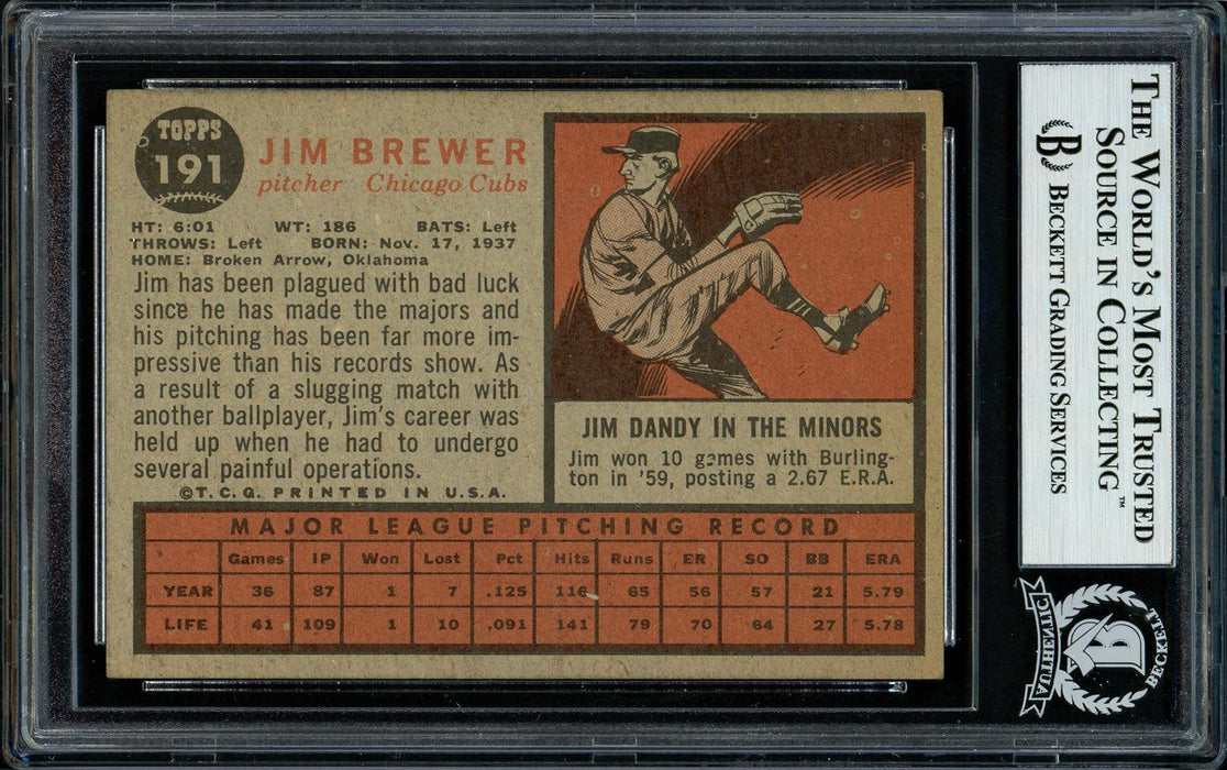 Jim Brewer Autographed 1962 Topps Card #191 Chicago Cubs Beckett BAS #11481430 - RSA