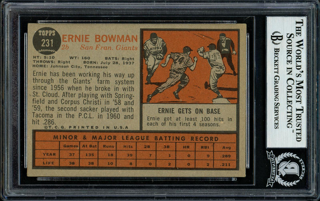 Ernie Bowman Autographed 1962 Topps Rookie Card #231 San Francisco Giants Beckett BAS #11481450 - RSA