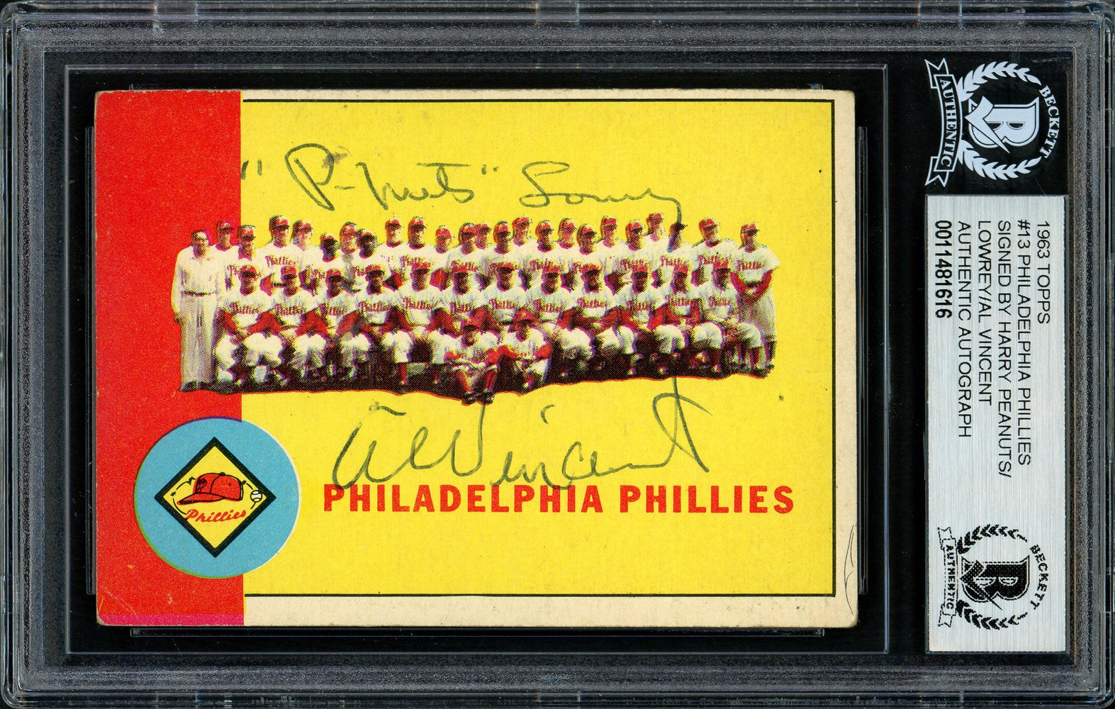 Harry "Peanuts" Lowrey & Al Vincent Autographed 1963 Topps Card #13 Philadelphia Phillies Coaches Beckett BAS #11481616 - RSA