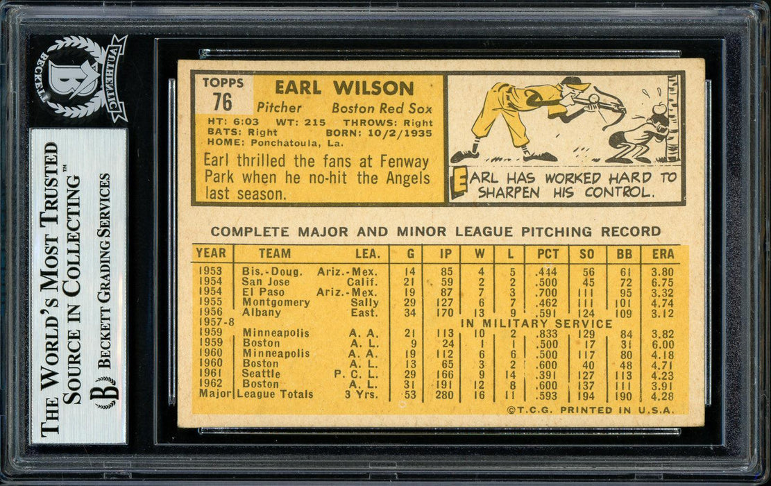 Earl Wilson Autographed 1963 Topps Card #76 Boston Red Sox Beckett BAS #11481662 - RSA