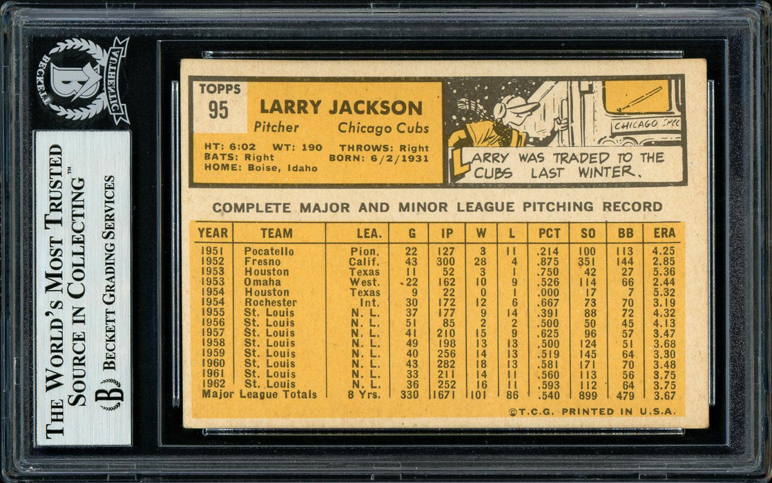 Larry Jackson Autographed 1963 Topps Card #95 Chicago Cubs Beckett BAS #11481663 - RSA