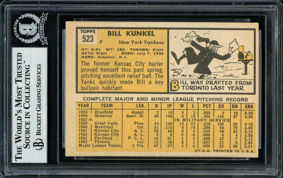 Bill Kunkel Autographed 1963 Topps High Number Card #523 New York Yankees Beckett BAS #11481983 - RSA