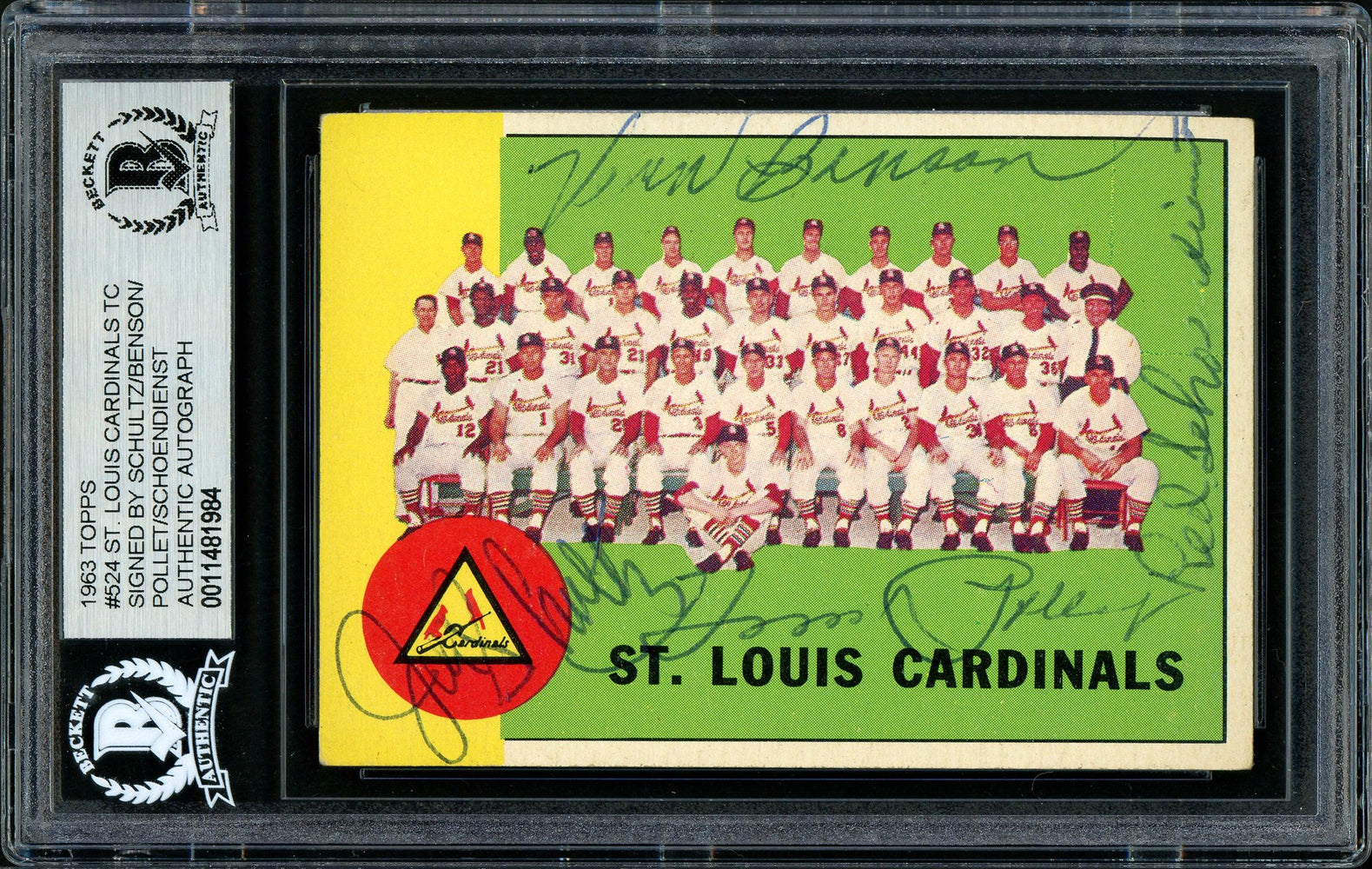 Joe Schultz, Vern Benson, Howie Pollet & Red Schoendienst Autographed 1963 Topps High Number Card #524 St. Louis Cardinals Coaches Beckett BAS #11481984 - RSA
