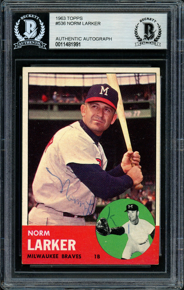 Norm Larker Autographed 1963 Topps High Number Card #536 Milwaukee Braves Beckett BAS #11481991 - RSA