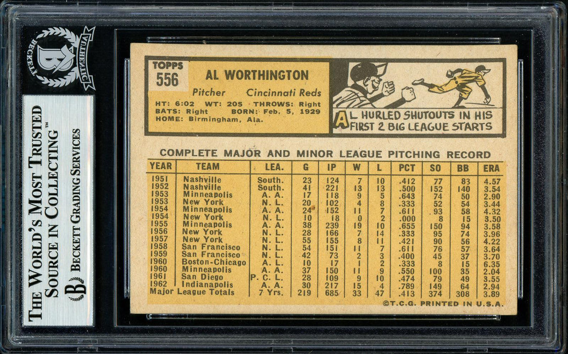 Al Worthington Autographed 1963 Topps High Number Card #556 Cincinnati Reds Beckett BAS #11482004 - RSA