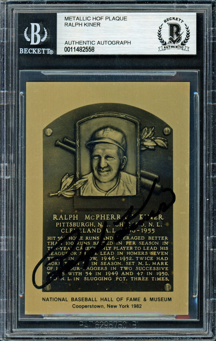Ralph Kiner Autographed 1982 Metallic HOF Plaque Card Pittsburgh Pirates Beckett BAS #11482558 - RSA