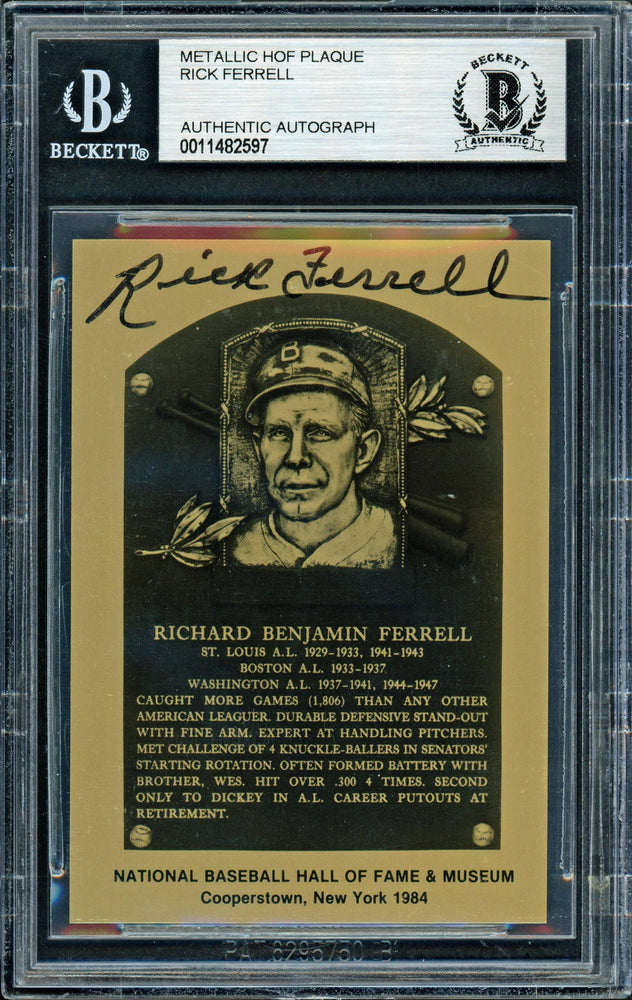 Rick Ferrell Autographed 1984 Metallic HOF Plaque Card Boston Red Sox Beckett BAS #11482597 - RSA