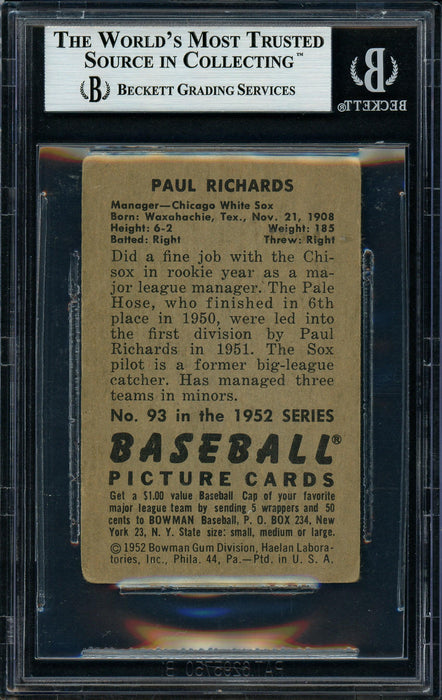 Paul Richards Autographed 1952 Bowman Rookie Card #93 Chicago White Sox Beckett BAS #11627883 - RSA