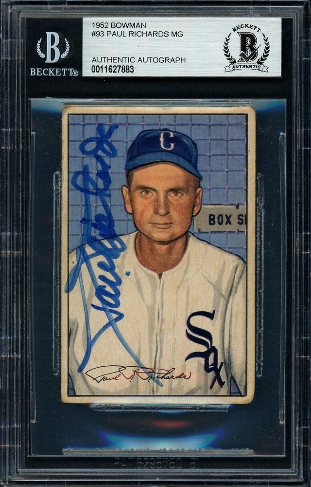 Paul Richards Autographed 1952 Bowman Rookie Card #93 Chicago White Sox Beckett BAS #11627883 - RSA