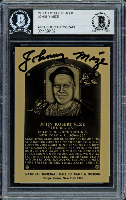 Johnny Mize Autographed 1982 Metallic HOF Plaque Card New York Yankees Beckett BAS #11628132 - RSA