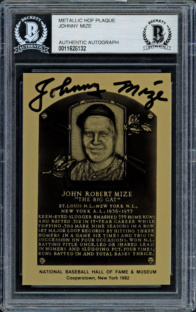 Johnny Mize Autographed 1982 Metallic HOF Plaque Card New York Yankees Beckett BAS #11628132 - RSA