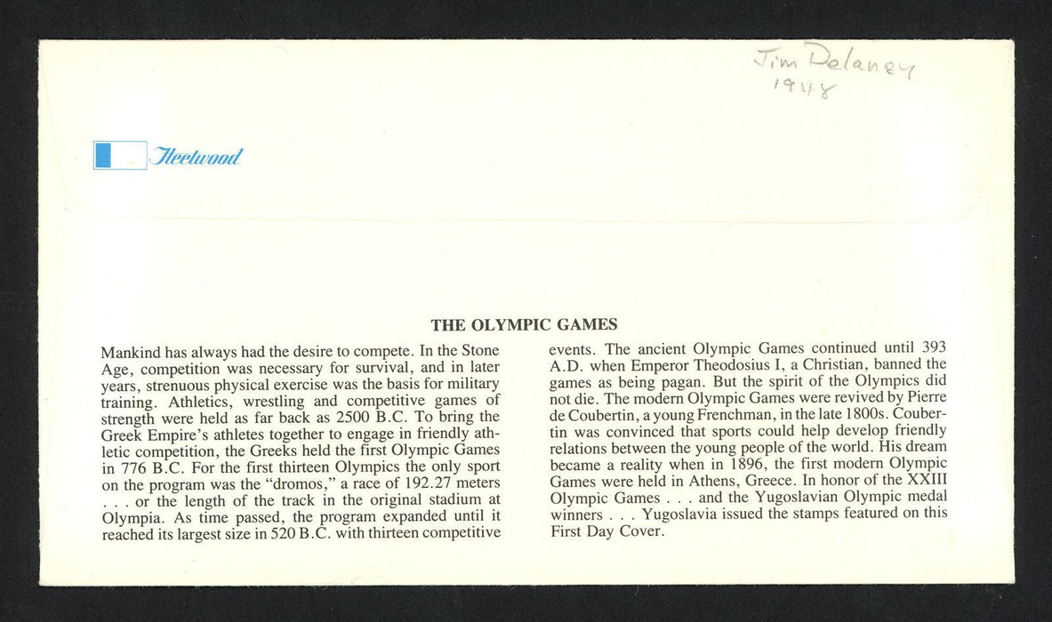 Jim Delaney Autographed First Day Cover Shot Put 1948 Olympics SKU #159550 - RSA