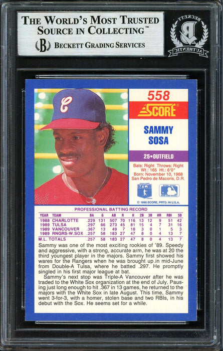 Sammy Sosa Autographed 1990 Score Rookie Card #558 Chicago White Sox Beckett BAS #12409978 - RSA