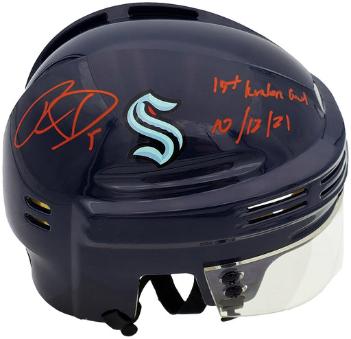 Ryan Donato Autographed Seattle Kraken Blue Mini Helmet "1st Kraken Goal 10/12/21" Fanatics Holo Stock #200297 - RSA
