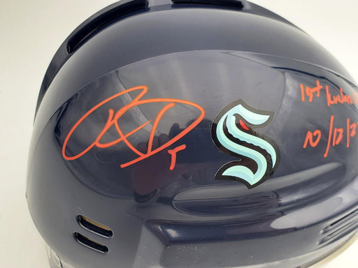 Ryan Donato Autographed Seattle Kraken Blue Mini Helmet "1st Kraken Goal 10/12/21" Fanatics Holo Stock #200297 - RSA