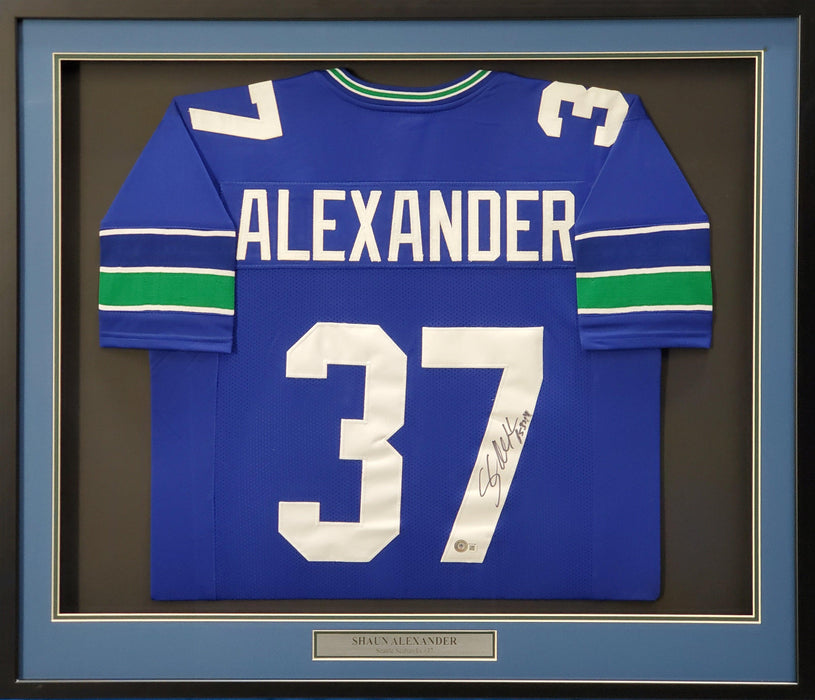 Seattle Seahawks Shaun Alexander Autographed Framed Blue Jersey Beckett BAS Stock #200433 - RSA