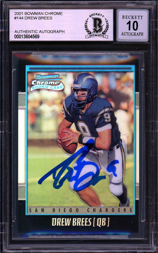 Drew Brees Autographed 2001 Bowman Chrome Refractor Rookie Card #144 San Diego Chargers Auto Grade Gem Mint 10 #1982/1999 Beckett BAS #13604569 - RSA