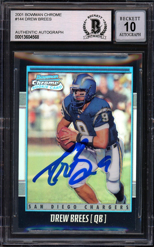 Drew Brees Autographed 2001 Bowman Chrome Refractor Rookie Card #144 San Diego Chargers Auto Grade Gem Mint 10 #1350/1999 Beckett BAS #13604568 - RSA