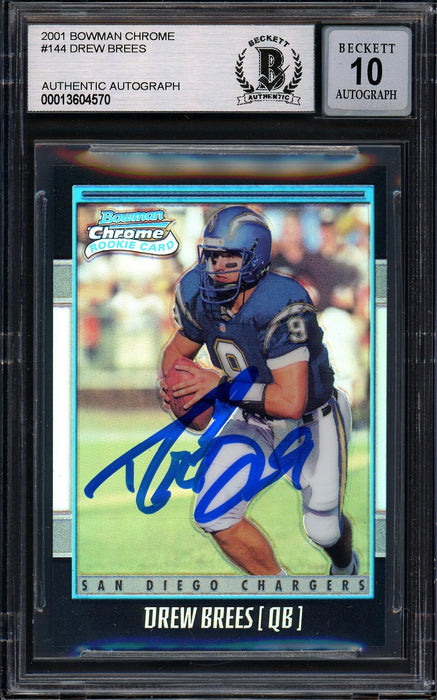 Drew Brees Autographed 2001 Bowman Chrome Refractor Rookie Card #144 San Diego Chargers Auto Grade Gem Mint 10 #962/1999 Beckett BAS #13604570 - RSA
