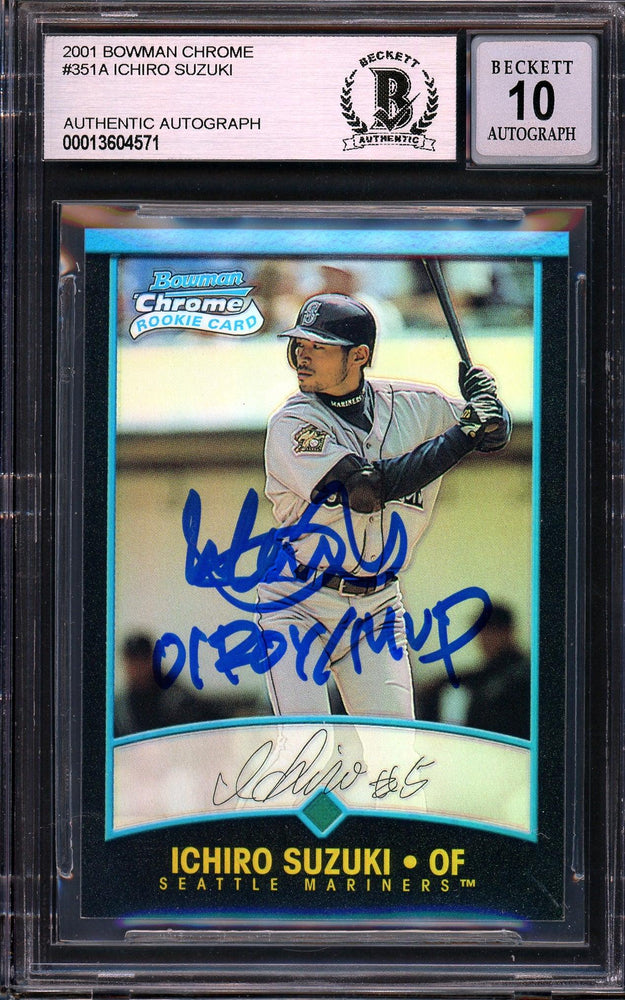 Ichiro Suzuki Autographed 2001 Bowman Chrome Refractor English Rookie Card #351 Seattle Mariners Auto Grade Gem Mint 10 "01 ROY/MVP" (Creases On Back) Beckett BAS #13604571 - RSA