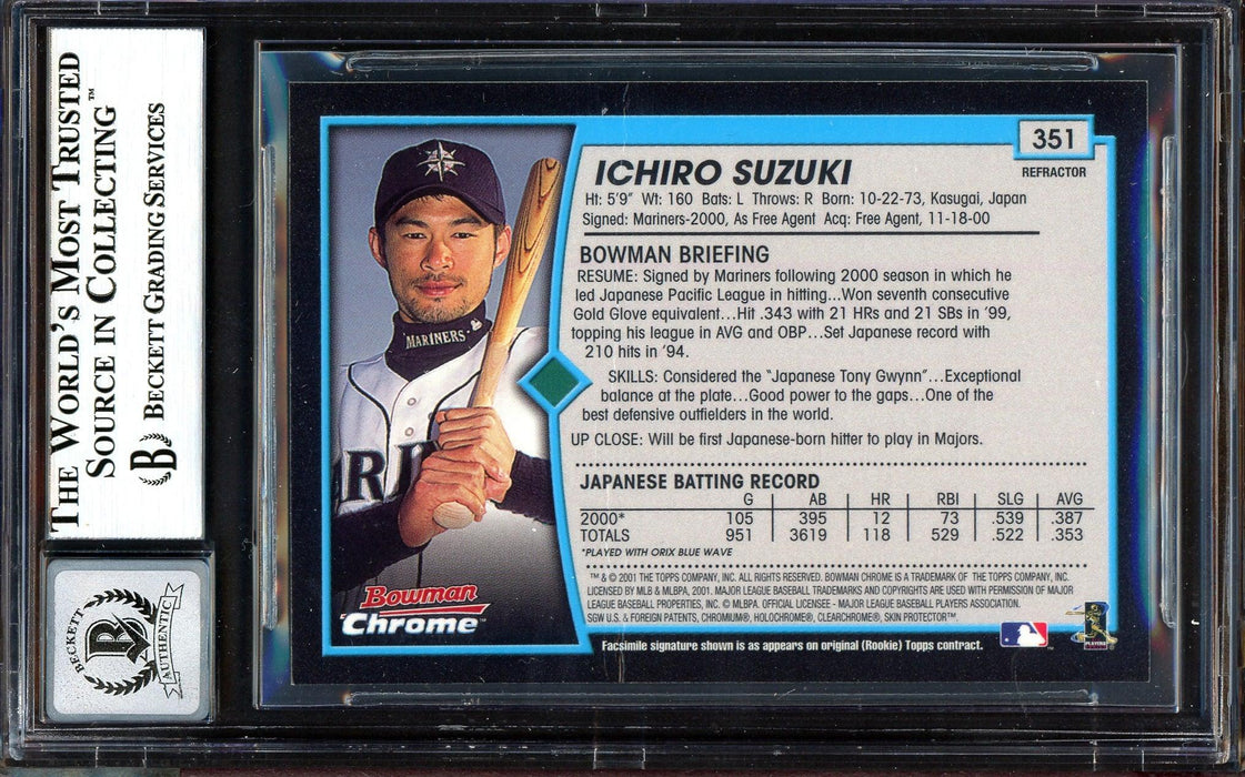 Ichiro Suzuki Autographed 2001 Bowman Chrome Refractor English Rookie Card #351 Seattle Mariners Auto Grade Gem Mint 10 "01 ROY/MVP" (Creases On Back) Beckett BAS #13604571 - RSA