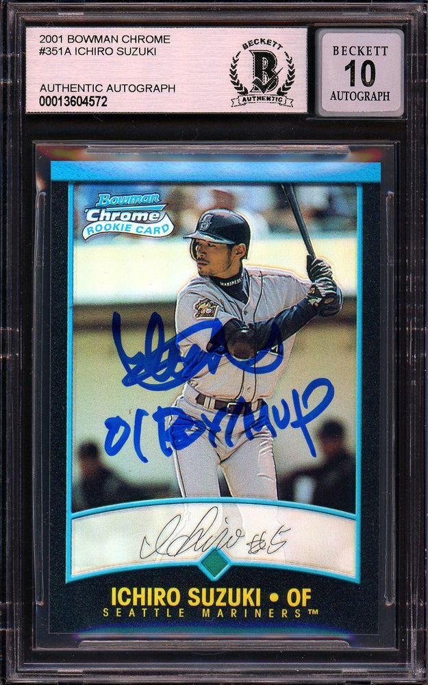 Ichiro Suzuki Autographed 2001 Bowman Chrome Refractor English Rookie Card #351 Seattle Mariners Auto Grade Gem Mint 10 "01 ROY/MVP" Beckett BAS #13604572 - RSA