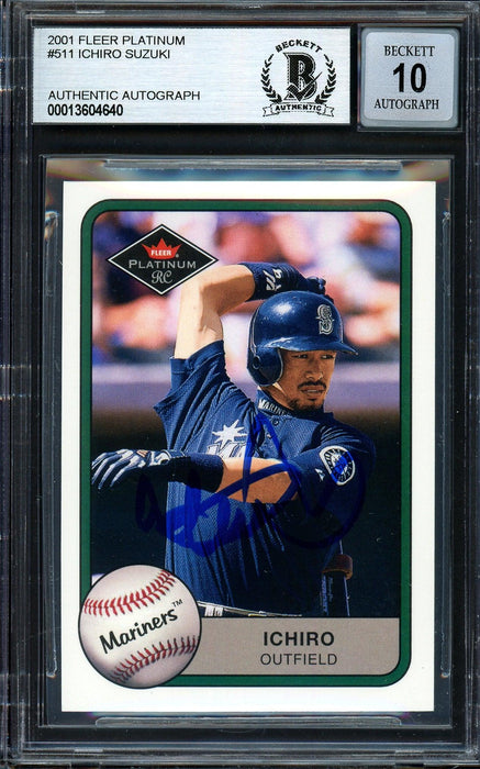 Ichiro Suzuki Autographed 2001 Fleer Platinum Rookie Card #511 Seattle Mariners Auto Grade Gem Mint 10 Beckett BAS #13604640 - RSA