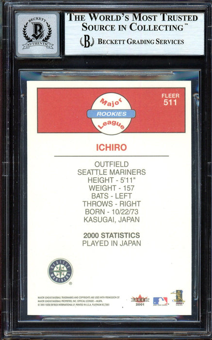 Ichiro Suzuki Autographed 2001 Fleer Platinum Rookie Card #511 Seattle Mariners Auto Grade Gem Mint 10 Beckett BAS #13604640 - RSA