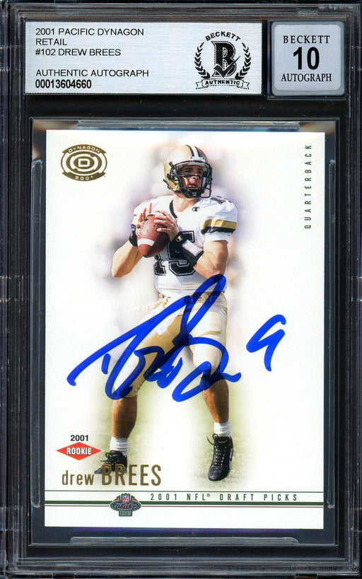 Drew Brees Autographed 2001 Pacific Dynagon Rookie Card #102 New Orleans Saints Auto Grade Gem Mint 10 Beckett BAS #13604660 - RSA