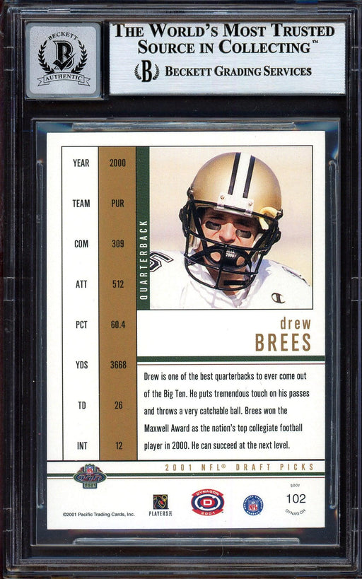Drew Brees Autographed 2001 Pacific Dynagon Rookie Card #102 New Orleans Saints Auto Grade Gem Mint 10 Beckett BAS #13604660 - RSA