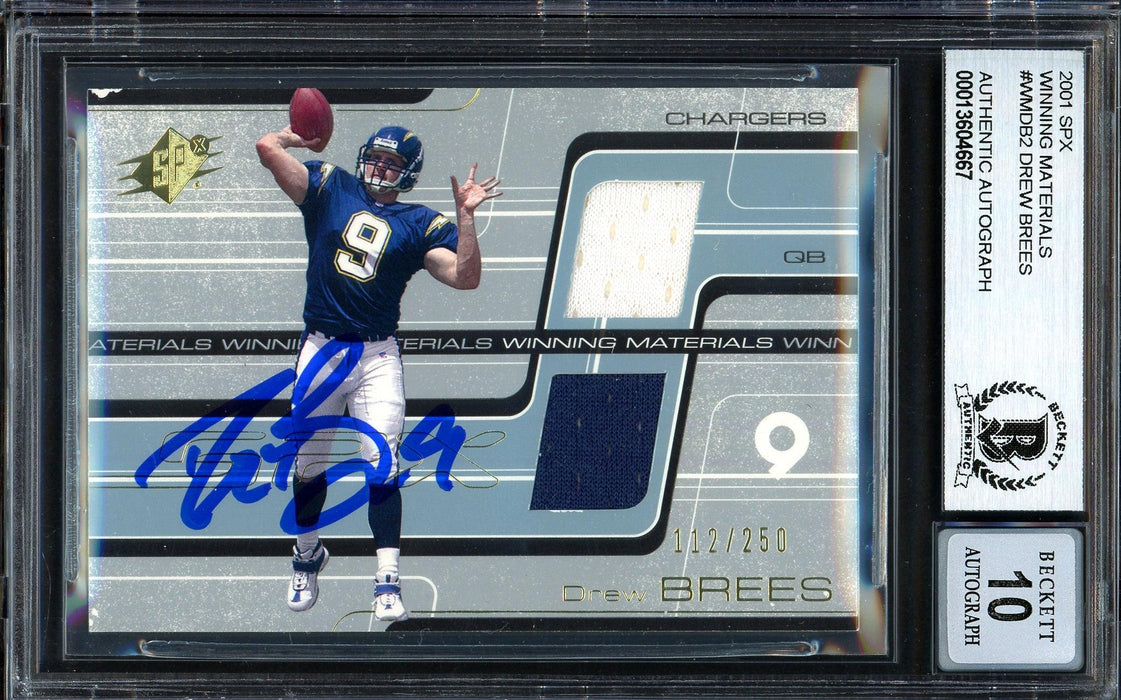 Drew Brees Autographed 2001 SPX Winning Materials Rookie Card #WM-DB2 San Diego Chargers Auto Grade Gem Mint 10 Jersey Relic 112/250 Beckett BAS #13604667 - RSA