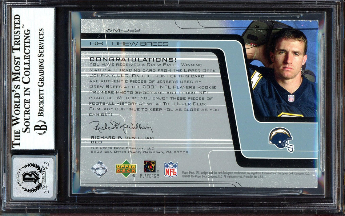 Drew Brees Autographed 2001 SPX Winning Materials Rookie Card #WM-DB2 San Diego Chargers Auto Grade Gem Mint 10 Jersey Relic 112/250 Beckett BAS #13604667 - RSA