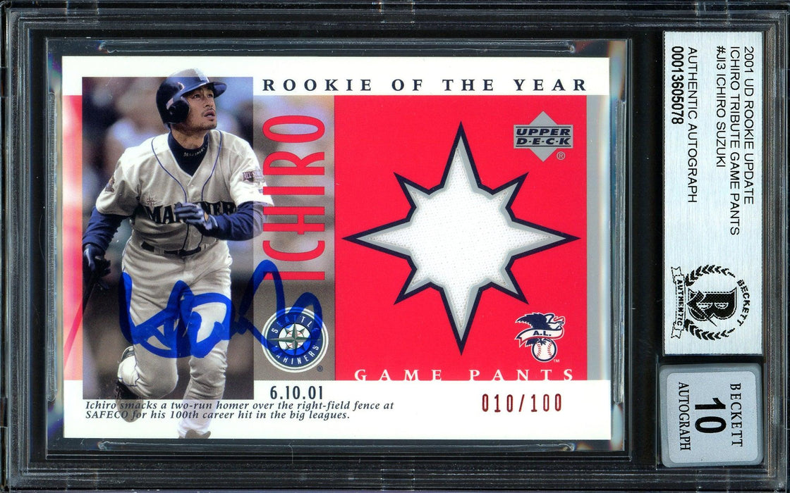 Ichiro Suzuki Autographed 2001 UD Game Used Jersey Card #J-13 Seattle Mariners Auto Grade Gem Mint 10 #10/100 Beckett BAS #13605078 - RSA