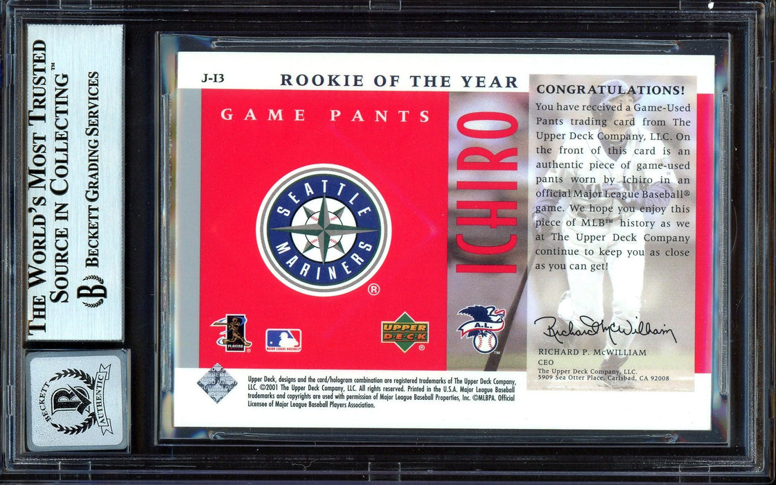 Ichiro Suzuki Autographed 2001 UD Game Used Jersey Card #J-13 Seattle Mariners Auto Grade Gem Mint 10 #10/100 Beckett BAS #13605078 - RSA