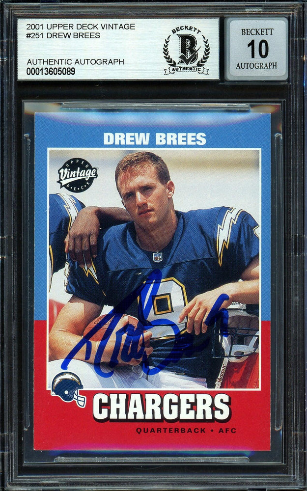 Drew Brees Autographed 2001 Upper Deck Vintage Rookie Card #251 San Diego Chargers Auto Grade Gem Mint 10 Beckett BAS #13605089 - RSA