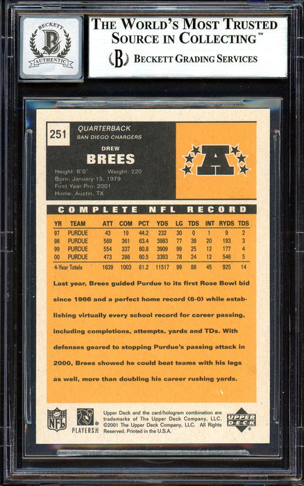 Drew Brees Autographed 2001 Upper Deck Vintage Rookie Card #251 San Diego Chargers Auto Grade Gem Mint 10 Beckett BAS #13605089 - RSA