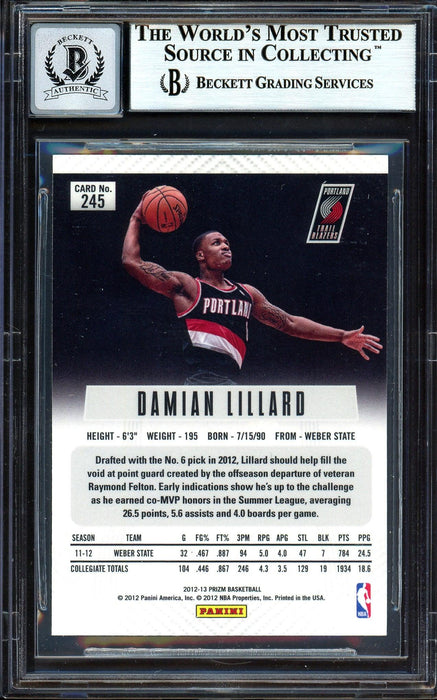 Damian Lillard Autographed 2012-13 Panini Prizm Rookie Card #245 Portland Trail Blazers Auto Grade Gem Mint 10 On Card Beckett BAS #13605096 - RSA