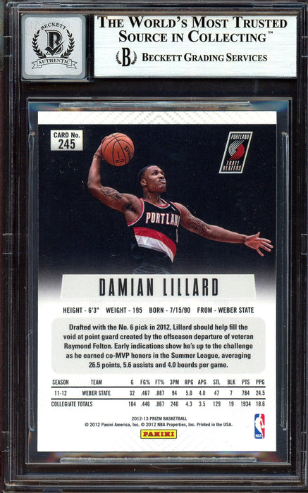 Damian Lillard Autographed 2012-13 Panini Prizm Rookie Card #245 Portland Trail Blazers Auto Grade Gem Mint 10 On Card Beckett BAS #13605093 - RSA