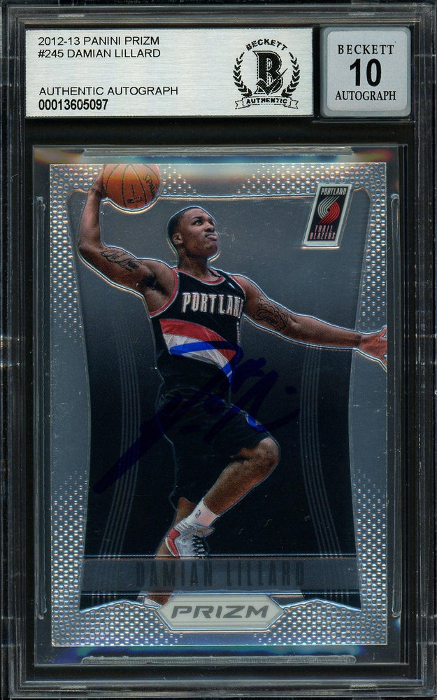 Damian Lillard Autographed 2012-13 Panini Prizm Rookie Card #245 Portland Trail Blazers Auto Grade Gem Mint 10 On Card Beckett BAS #13605097 - RSA